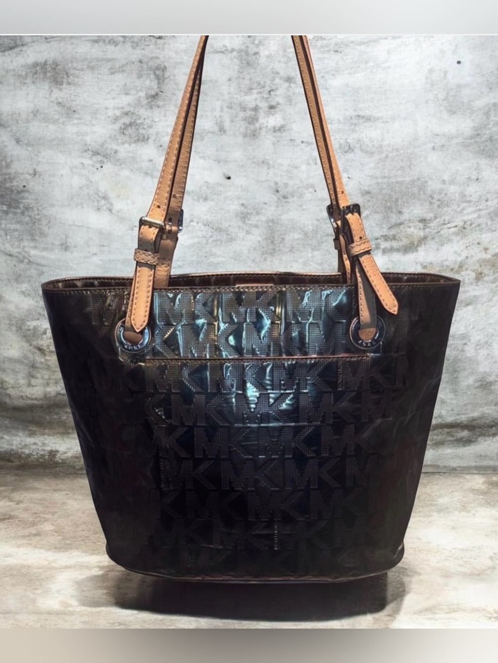 Michael Kors Shiny Black and Tan Tote